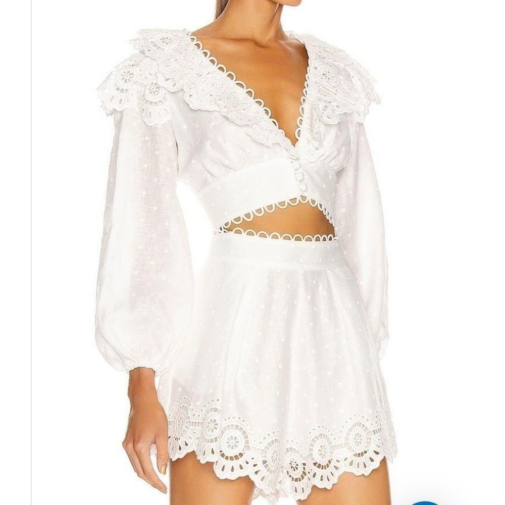 Zimmermann SET Bellitude Scallop Crop Top and Shorts Ivory Linen Eyelet‎ Size 6